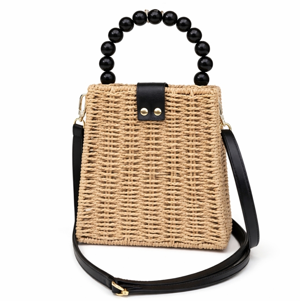 Elegant Tan and Black Woven Handbag/Crossbody